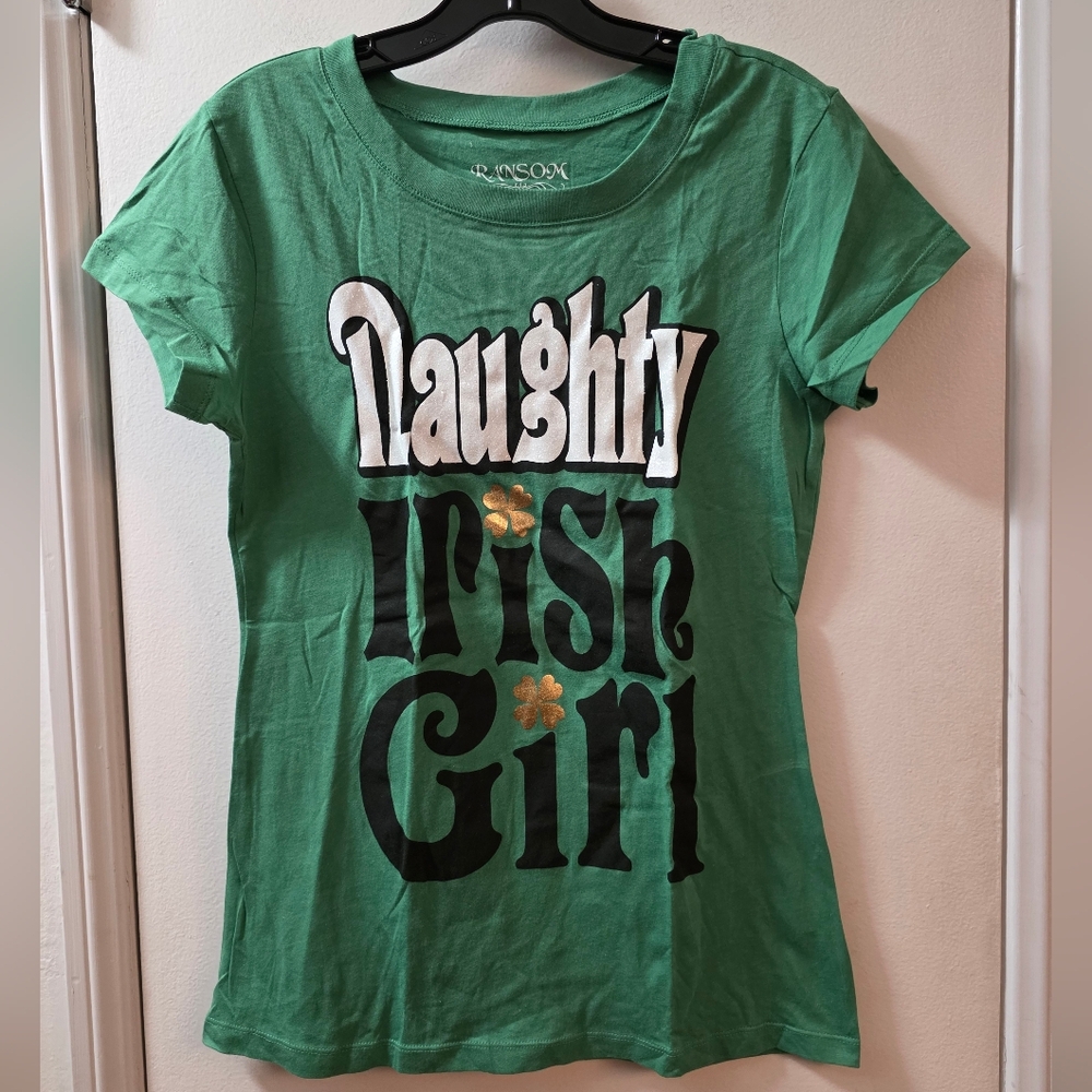 Ransom Green 'Naughty Irish Girl' Graphic Tee with Gold Shamrocks